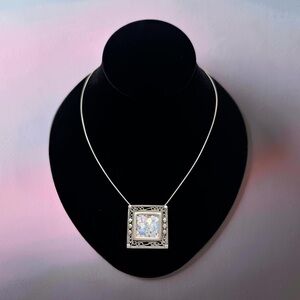 Vintage 925 Sterling Silver Roman Glass Square Pendant Necklace – 16”
